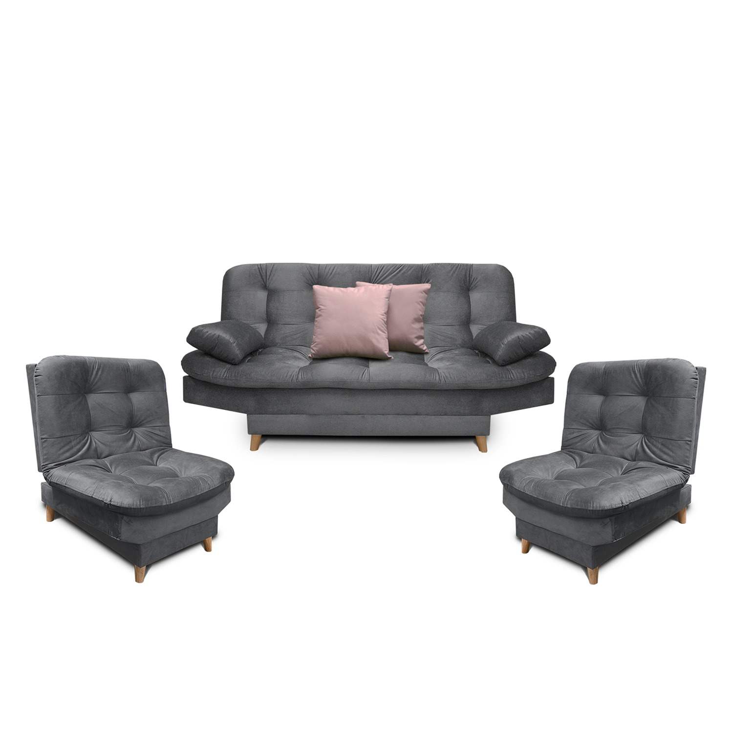 Sala Clic Clac Fendik Gris 210 cm con Sofá de 3 Puestos, 2 Poltronas Reclinables y Cojines Decorativos - Combos Sala | Bylmo