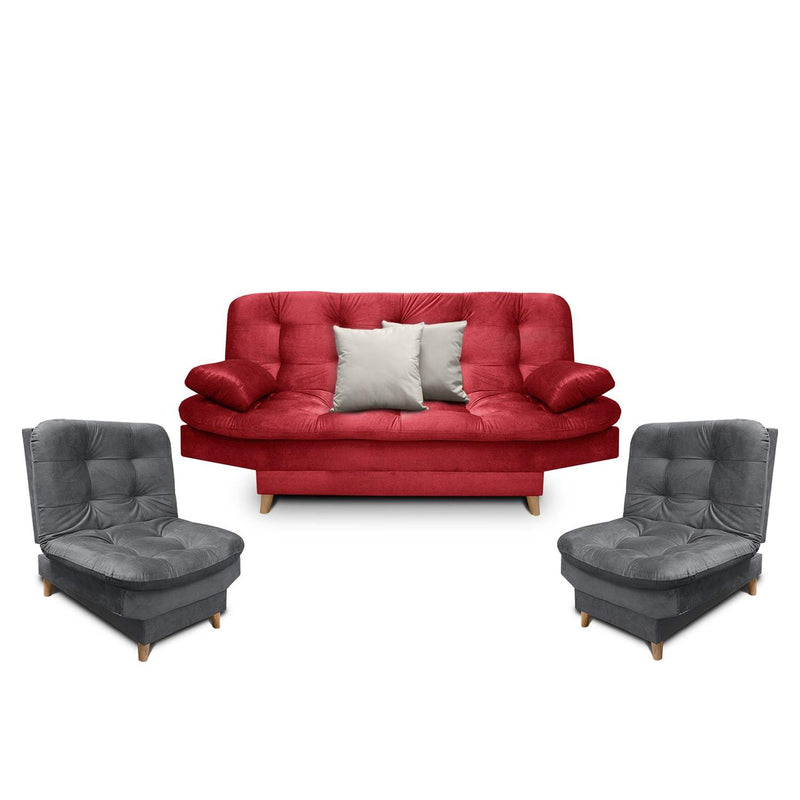 Sala Clic Clac Fendik Rojo 210 cm con Sofá de 3 Puestos, 2 Poltronas Reclinables Grises y Cojines Decorativos