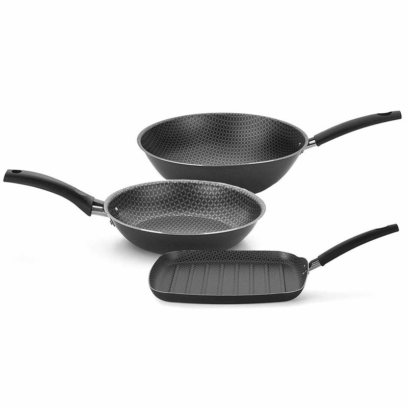 Set de Sarténes Aluminio Basic 37 cm wok Basic 45 cm y Bífera acanalada 47 cm Antiadherente Gris