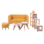 Combo Sofa, Puff, Biblioteca y Mesas Loly Amarillo 145 cm