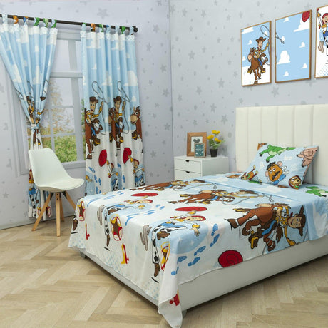 Combo Juego de Sabanas y Cortina Infantil Microfibra Sencilla 100 cm Blanco de Toy Story - Ropa de Cama | Bylmo