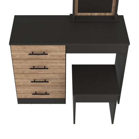 Tocador Kaia Miel y Wengue 100x42.5cm de Un Puesto con Cuatro Cajones con Espejo y con Una Silla - Cajoneras | Bylmo