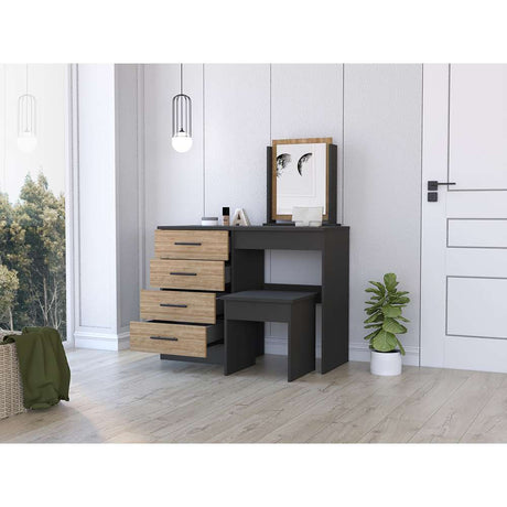 Tocador Kaia Miel y Wengue 100x42.5cm de Un Puesto con Cuatro Cajones con Espejo y con Una Silla - Cajoneras | Bylmo