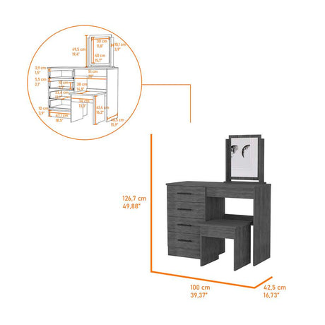 Tocador Kaia Roble Gris 100x126.7cm con Cuatro Cajones y con Espejo - Cajoneras | Bylmo