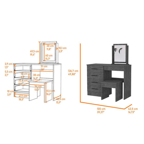 Tocador Kaia Roble Gris 100x126.7cm con Cuatro Cajones y con Espejo - Cajoneras | Bylmo