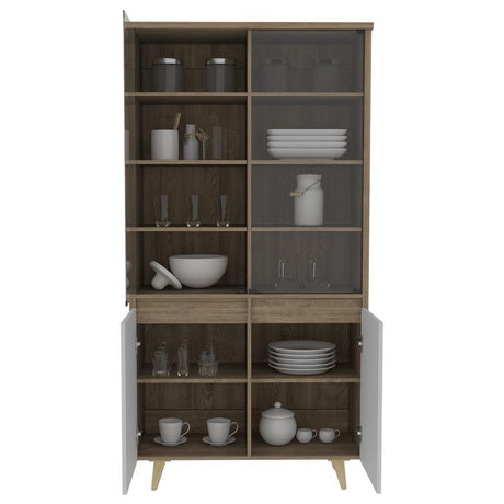 Vitrina Alina Miel y Blanco 93 cm con Puertas de Vidrio y Dos Cajones - Bares | Bylmo