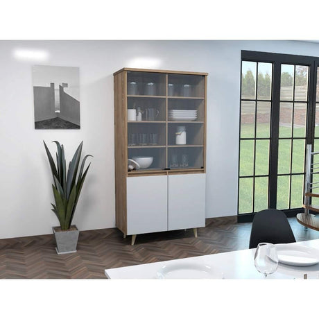 Vitrina Alina Miel y Blanco 93 cm con Puertas de Vidrio y Dos Cajones - Bares | Bylmo