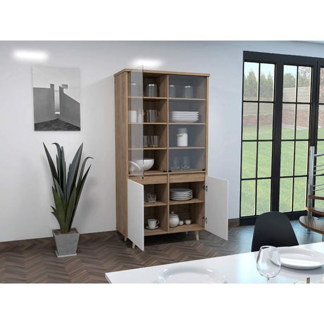 Vitrina Alina Miel y Blanco 93 cm con Puertas de Vidrio y Dos Cajones - Bares | Bylmo