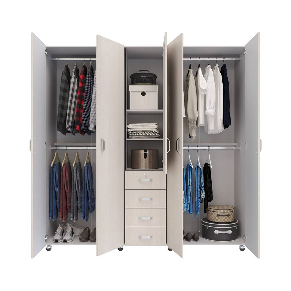 Closet Atlas Niebla 200 cm con Espejo, Cinco Puertas y Cuatro Cajones - Closets | Bylmo