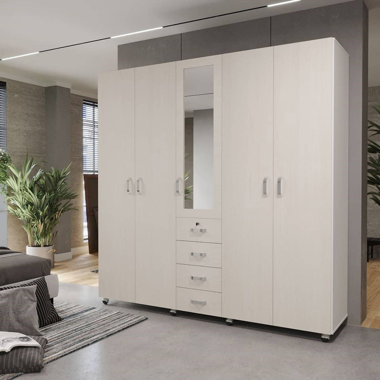 Closet Atlas Niebla 200 cm con Espejo, Cinco Puertas y Cuatro Cajones - Closets | Bylmo