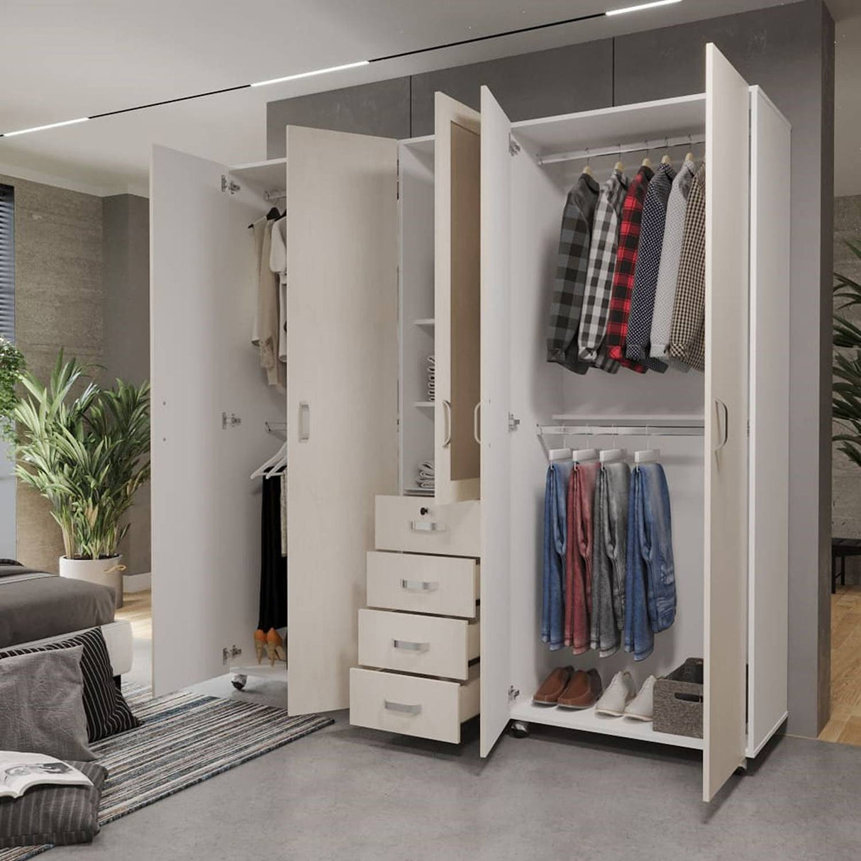Closet Atlas Niebla 200 cm con Espejo, Cinco Puertas y Cuatro Cajones - Closets | Bylmo