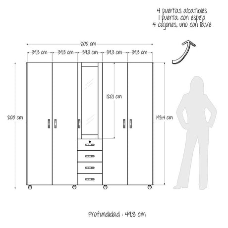 Closet Atlas Niebla 200 cm con Espejo, Cinco Puertas y Cuatro Cajones - Closets | Bylmo
