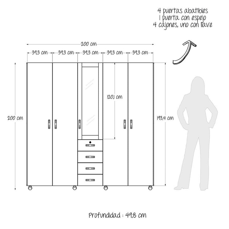 Closet Atlas Niebla 200 cm con Espejo, Cinco Puertas y Cuatro Cajones