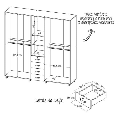 Closet Atlas Niebla 200 cm con Espejo, Cinco Puertas y Cuatro Cajones - Closets | Bylmo