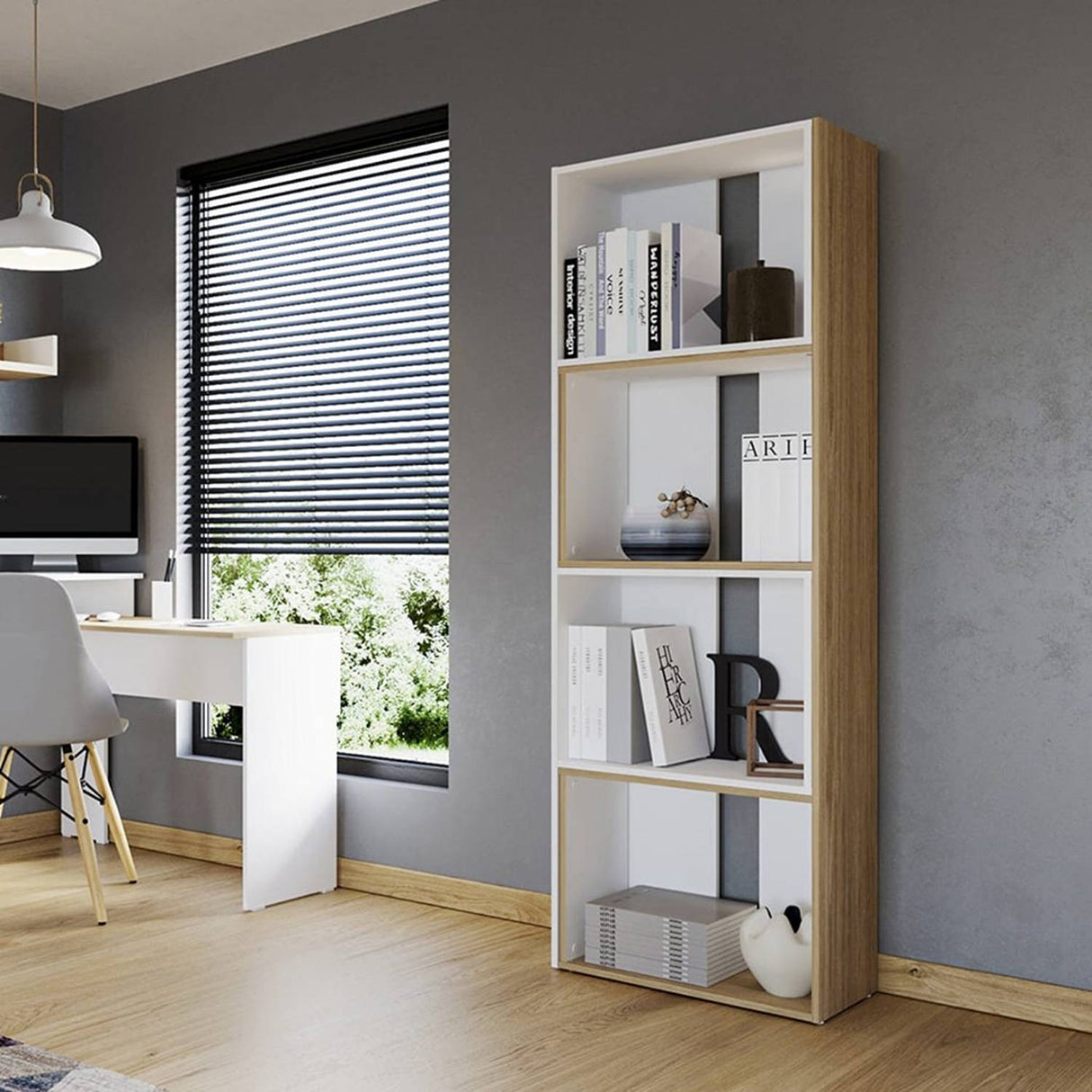 Biblioteca Rovere y Niebla 63x180.6cm Rectangular con Siete Compartimientos - Bibliotecas | Bylmo