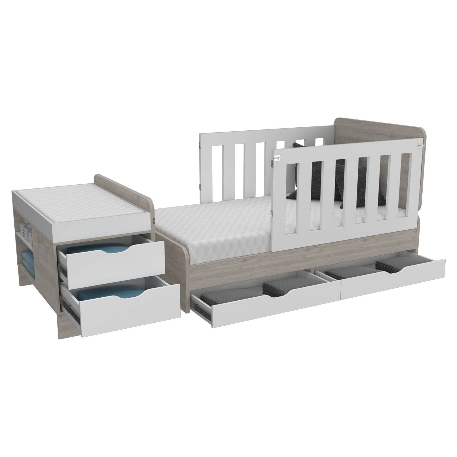 Cama Corral Rosario Blanco y Ceniza 106x99.45cm para Colchón Sencillo sin Colchón y con Cabecero - Camas | Bylmo