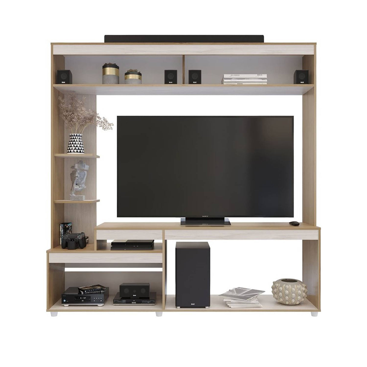 Centro de Entretenimiento Rovere y Niebla 181.5x184.7cm para TV Hasta 65 Pulgadas y con Siete Compartimientos - Muebles para TV | Bylmo