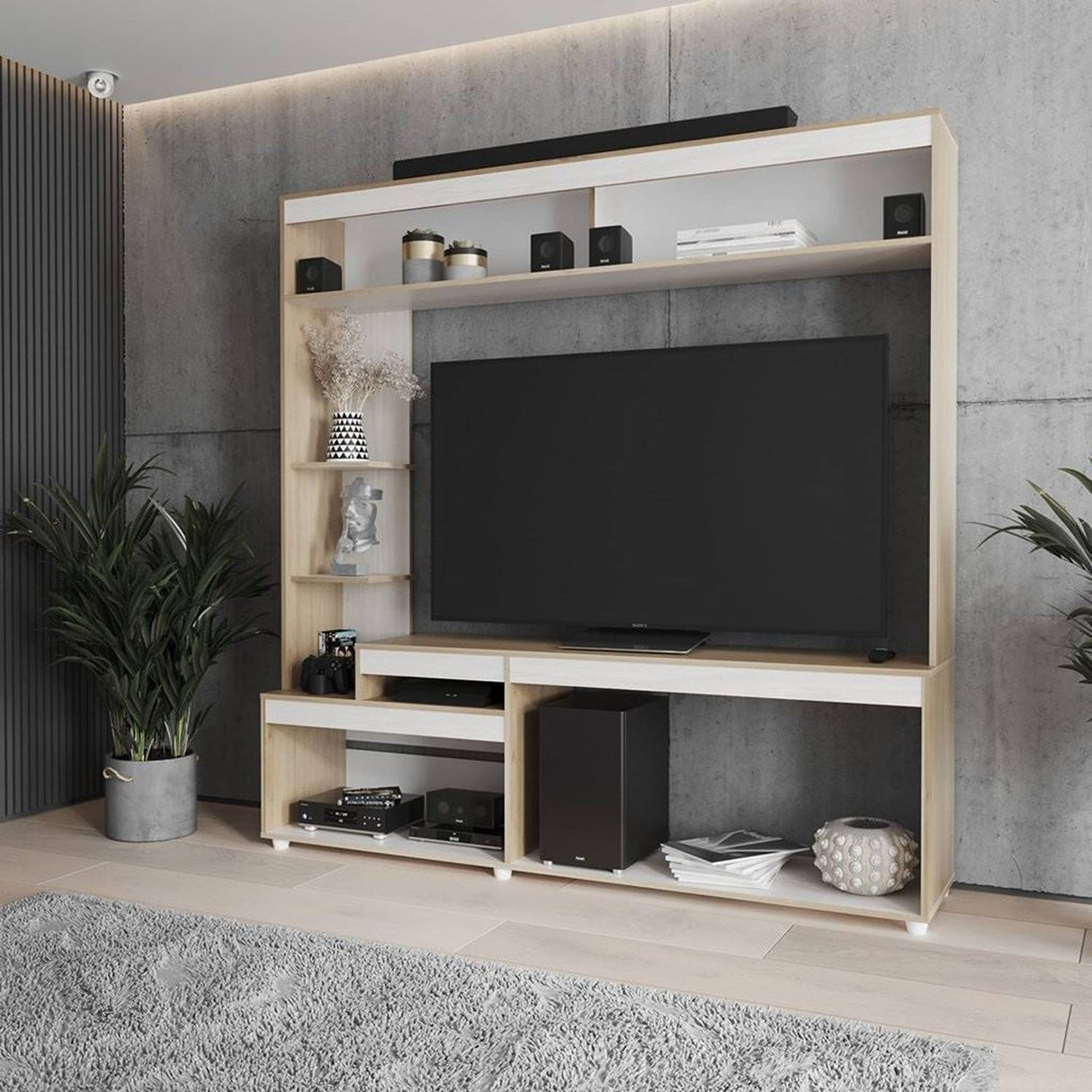 Centro de Entretenimiento Rovere y Niebla 181.5x184.7cm para TV Hasta 65 Pulgadas y con Siete Compartimientos - Muebles para TV | Bylmo