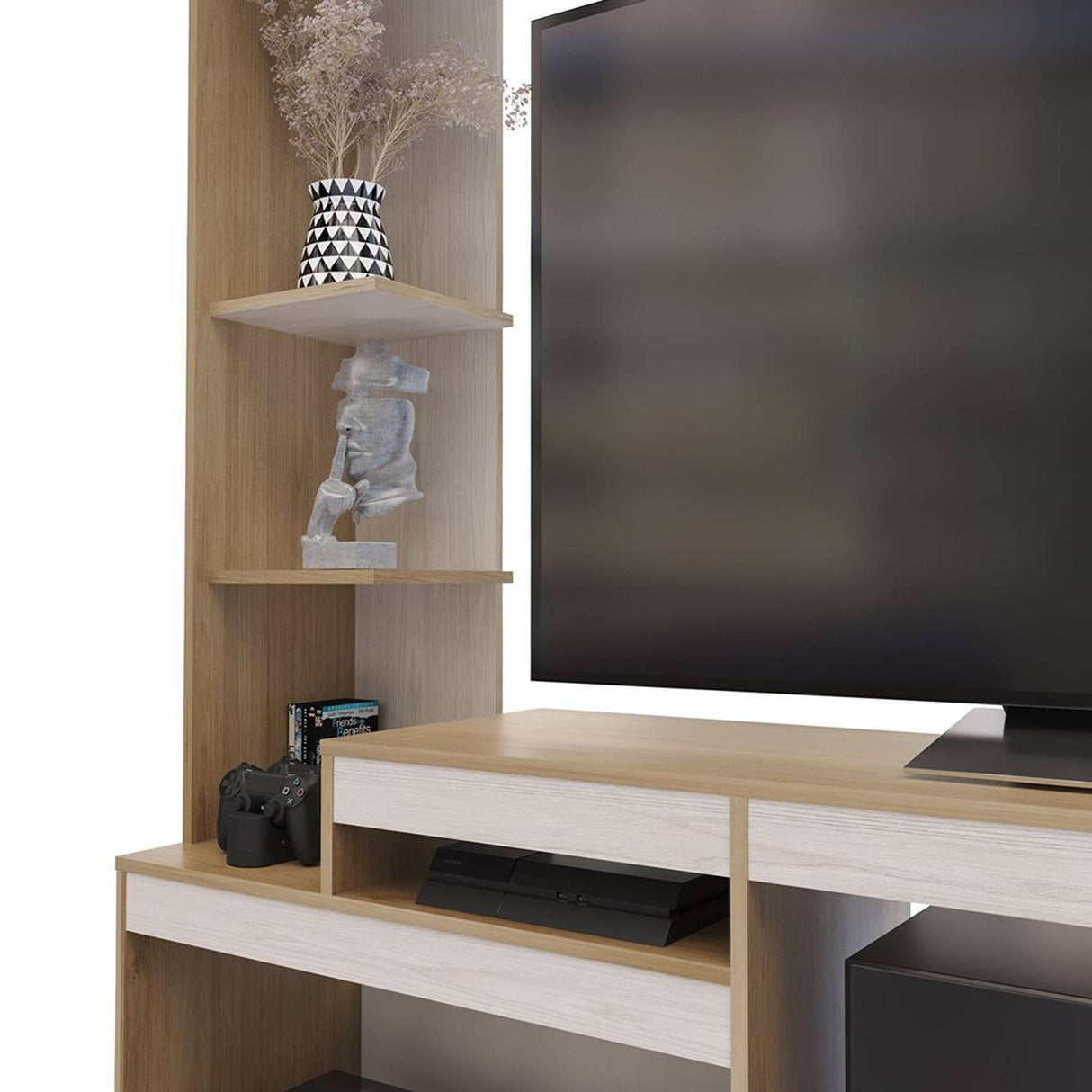 Centro de Entretenimiento Rovere y Niebla 181.5x184.7cm para TV Hasta 65 Pulgadas y con Siete Compartimientos - Muebles para TV | Bylmo