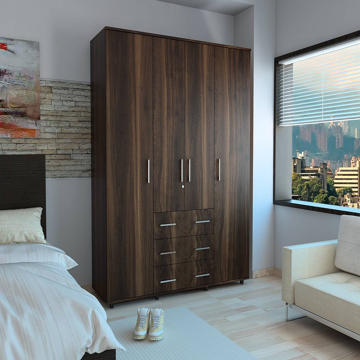 Closet Capri Habano 150 cm con Cuatro Puertas, Tres Cajones y Cerradura - Closets | Bylmo