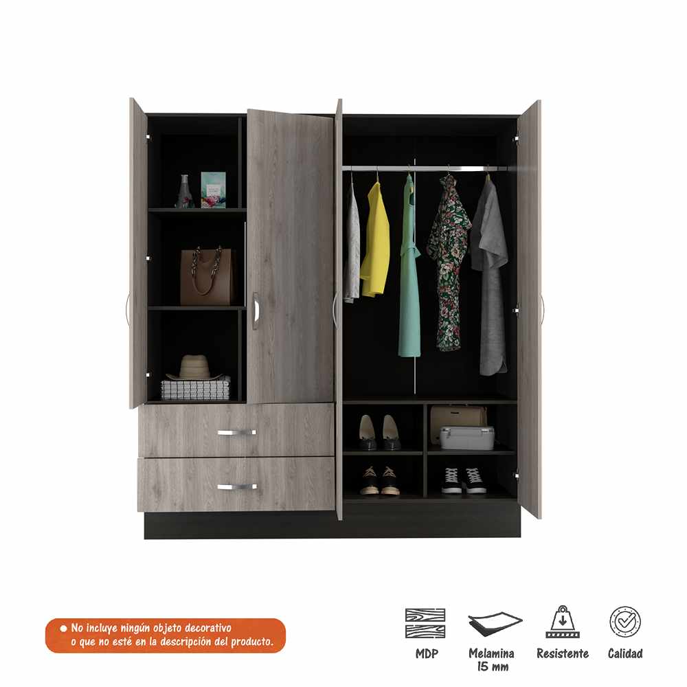Closet Cidra Ceniza 160x180cm con 2 Cajones con 4 Entrepaños con Espejo - Closets | Bylmo