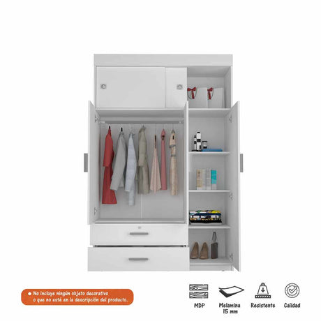 Closet Denver Blanco 120x188cm con 2 Cajones con 3 Entrepaños - Closets | Bylmo