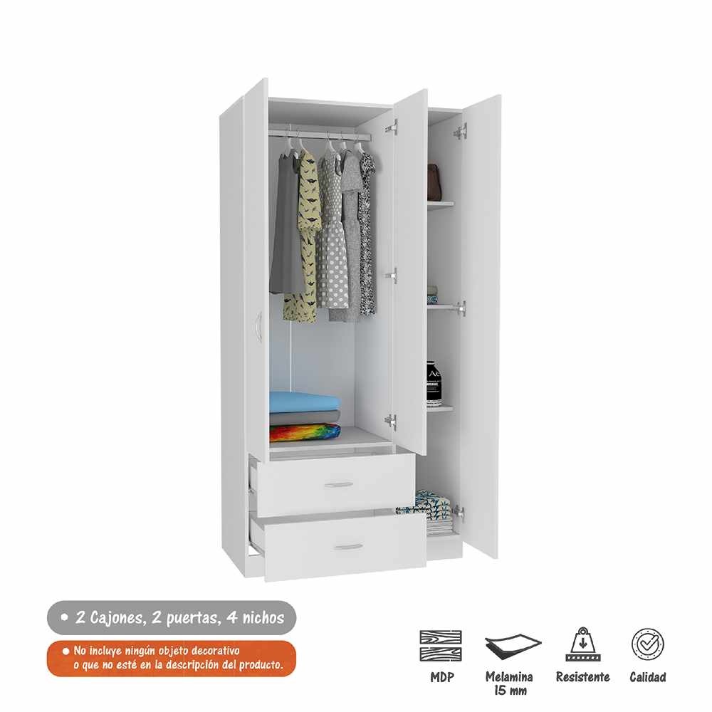 Closet Místico Blanco 90x180cm con 2 Cajones con 3 Entrepaños - Closets | Bylmo