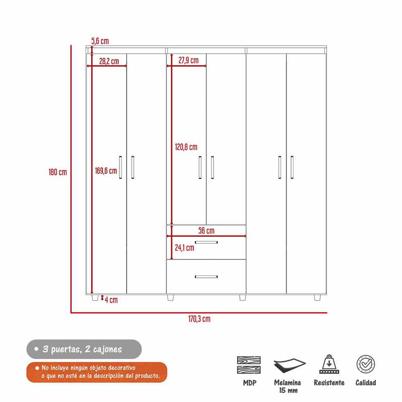 Closet Tokio Blanco 170 cm con Seis Puertas Y Dos Cajones