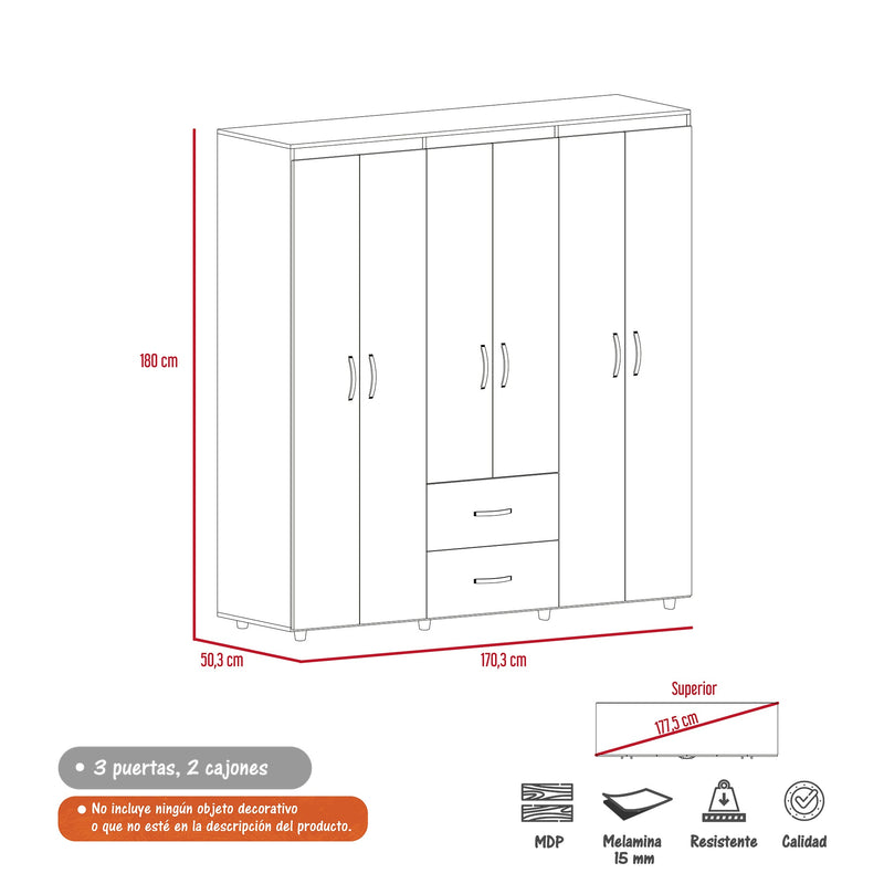 Closet Tokio Coñac 170 cm con Seis Puertas Y Dos Cajones