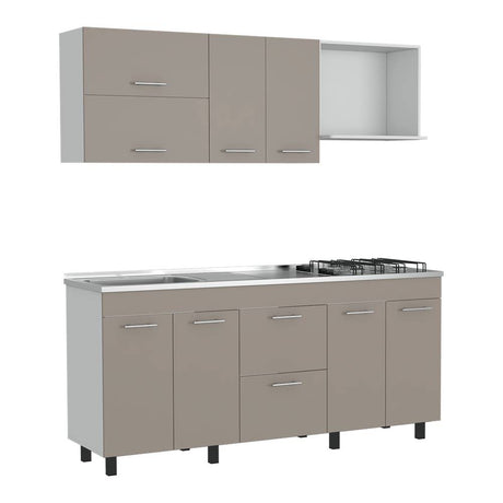 Cocina Sakai Taupe y Blanco 180 cm Izquierda con Mesón - Cocinas | Bylmo