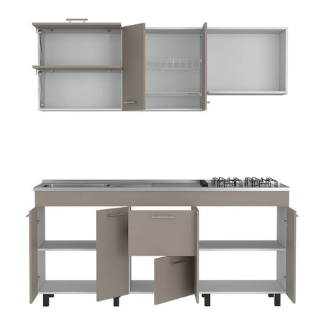 Cocina Sakai Taupe y Blanco 180 cm Izquierda con Mesón - Cocinas | Bylmo