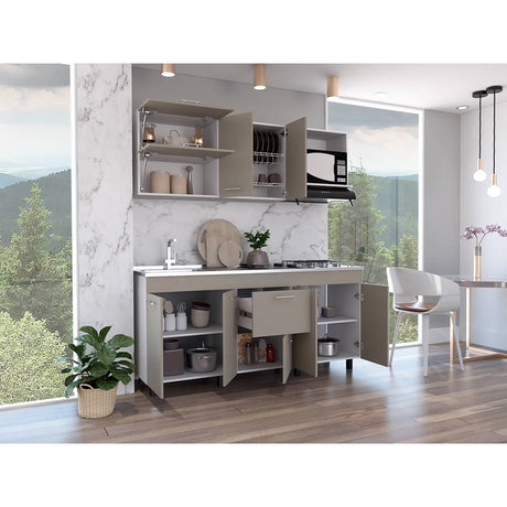 Cocina Sakai Taupe y Blanco 180 cm Izquierda con Mesón - Cocinas | Bylmo