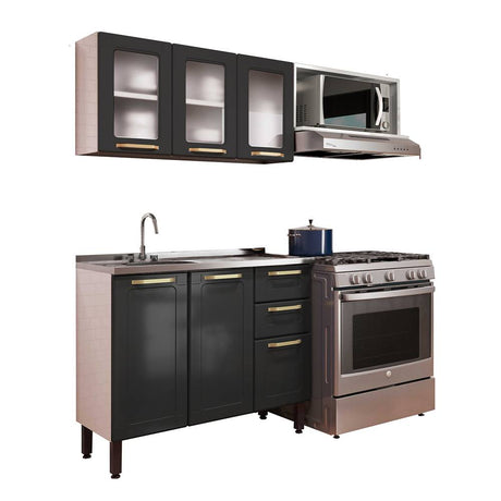 Cocina Integral Negro 165x52,5cm con Meson de Acero Al Carbon y con Pozuelo para lado Izquierda - Cocinas | Bylmo