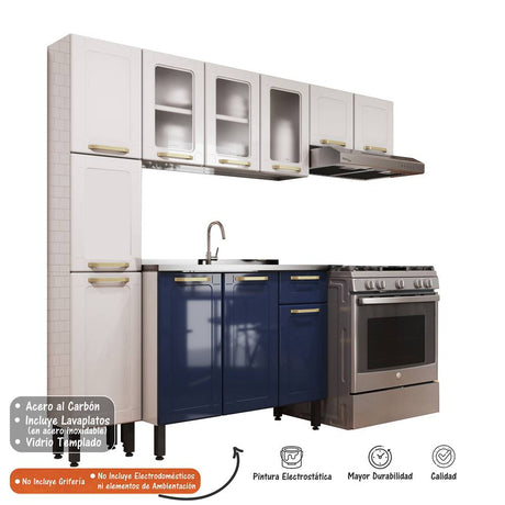 Cocina Integral Blanco y Blue Navy 210 cm con Mesón - Cocinas | Bylmo