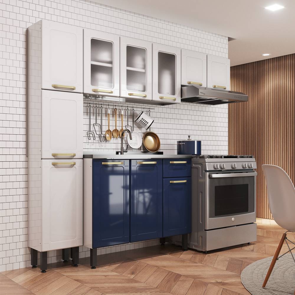 Cocina Integral Blanco y Blue Navy 210 cm con Mesón - Cocinas | Bylmo