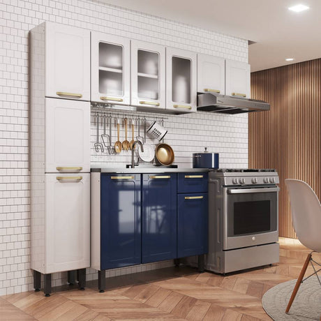 Cocina Integral Blanco y Blue Navy 210 cm con Mesón - Cocinas | Bylmo