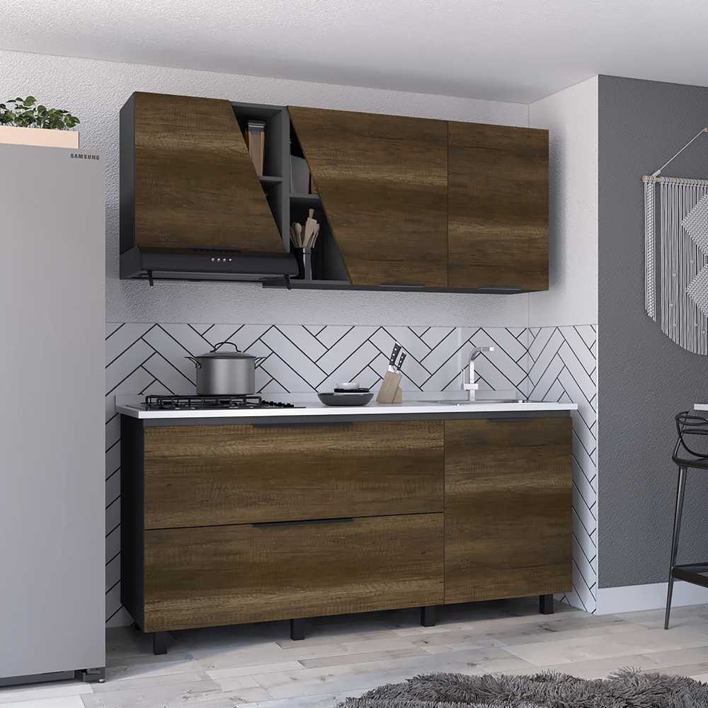 Cocina Integral Plomo 180x195cm con Meson de Acero Inoxidable y con Pozuelo para lado Derecha - Cocinas | Bylmo