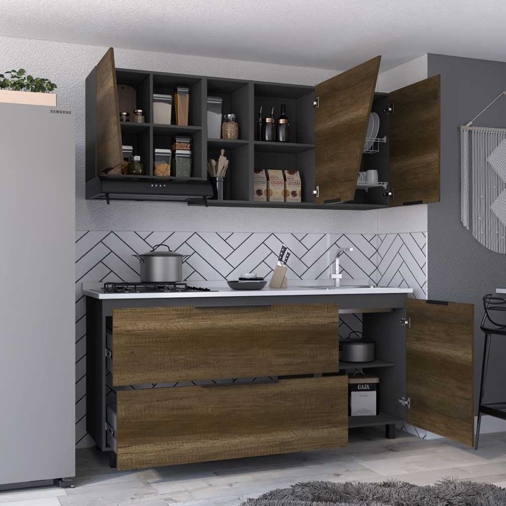 Cocina Integral Plomo 180x195cm con Meson de Acero Inoxidable y con Pozuelo para lado Derecha - Cocinas | Bylmo