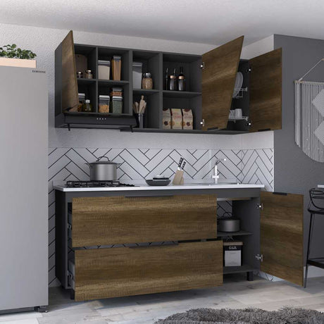 Cocina Integral Plomo 180x195cm con Meson de Acero Inoxidable y con Pozuelo para lado Derecha - Cocinas | Bylmo