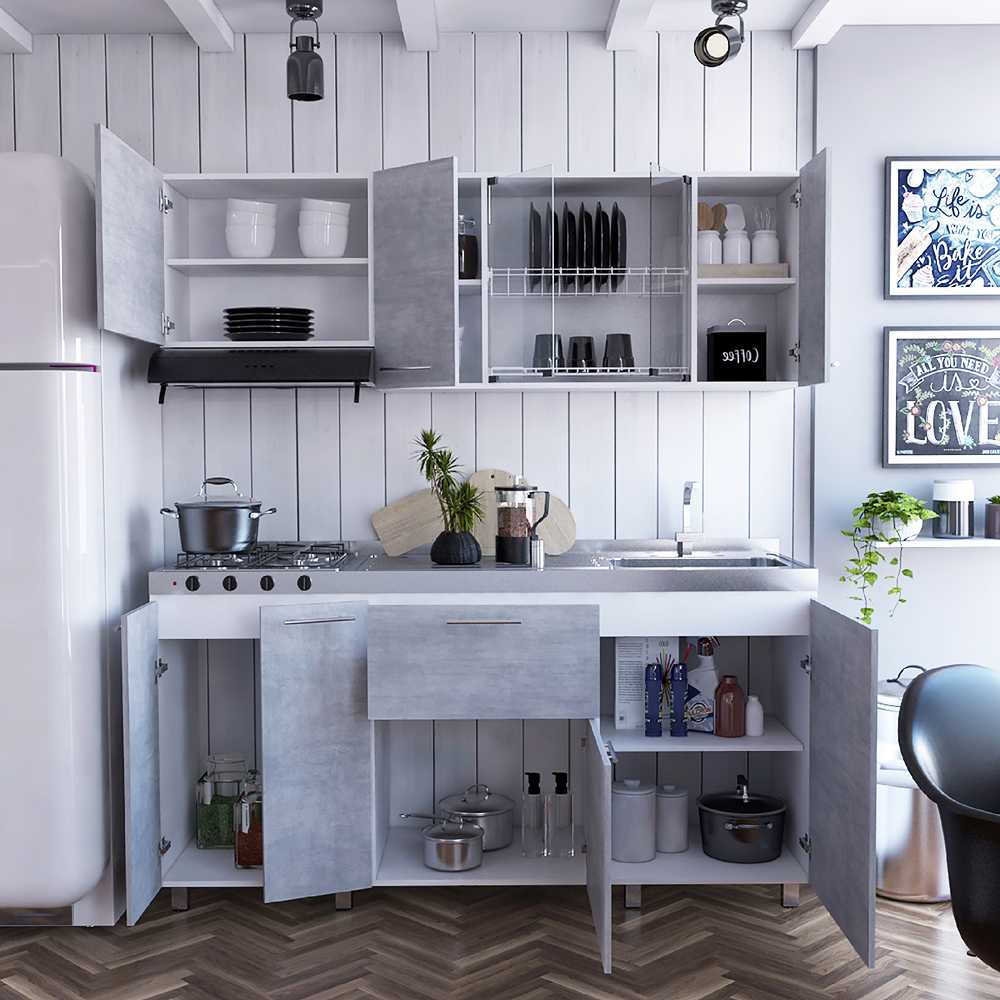 Cocina Integral Blanco 180x195cm con Meson de Acero Inoxidable y con Pozuelo para lado Derecha - Cocinas | Bylmo