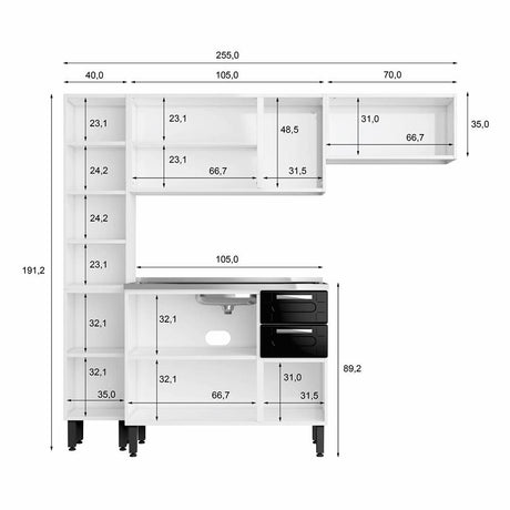 Cocina Caribe Blanco y Negro 105x52,5cm con Meson de Acero Inoxidable y con Pozuelo para lado Izquierda - Cocinas | Bylmo