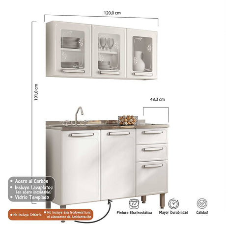 Cocina Integral Evidence Blanco 105x52,5cm con Meson de Acero Al Carbon y con Pozuelo para lado Izquierda - Cocinas | Bylmo