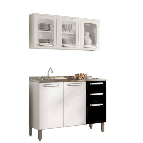 Cocina Integral Evidence Blanco y Negro 120x192cm con Mesón de Acero Al Carbon Lado Izquierdo y sin Estufa - Cocinas | Bylmo