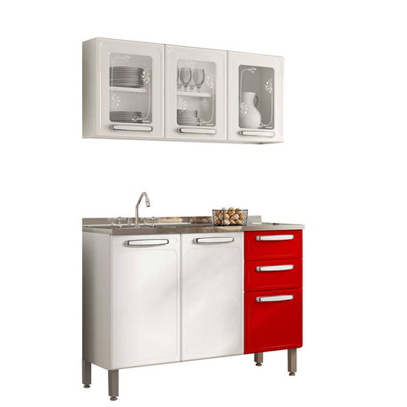 Cocina Integral Evidence Blanco y Rojo 120 cm Izquierda con Mesón - Cocinas | Bylmo