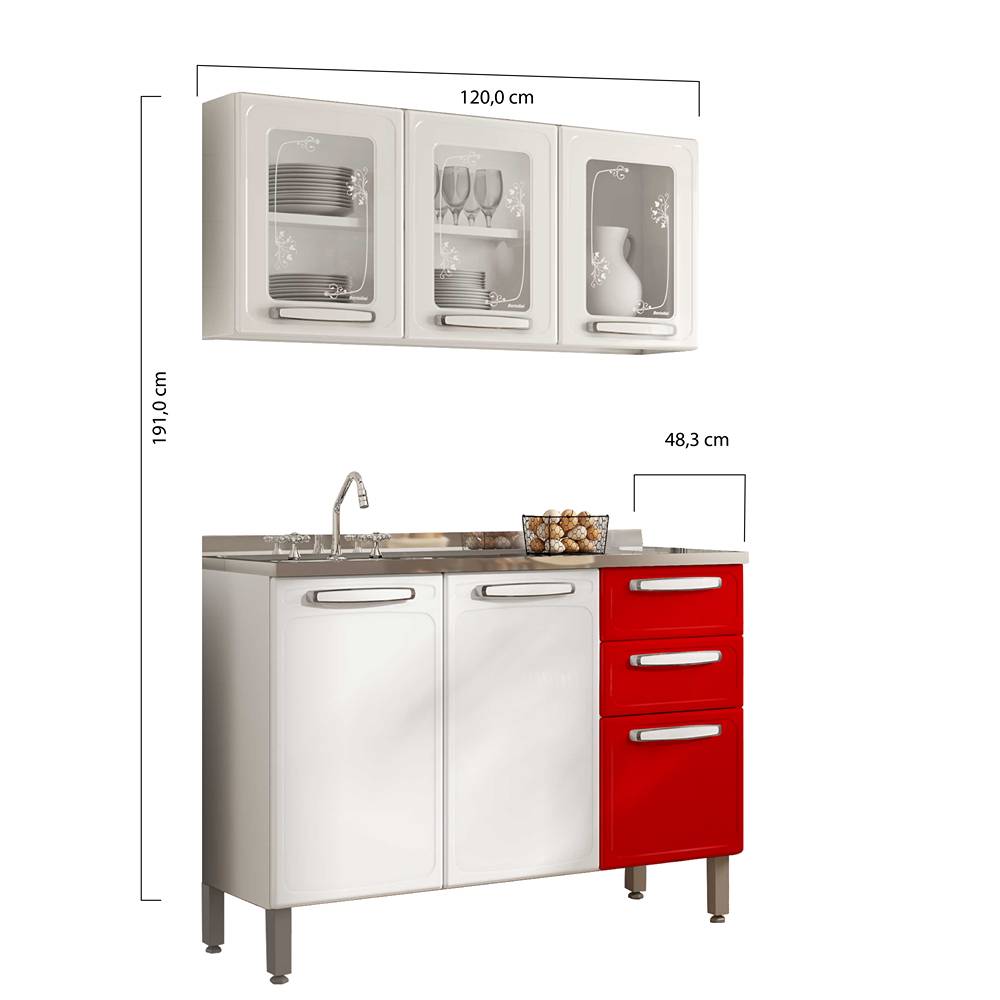 Cocina Integral Evidence Blanco y Rojo 120 cm Izquierda con Mesón - Cocinas | Bylmo