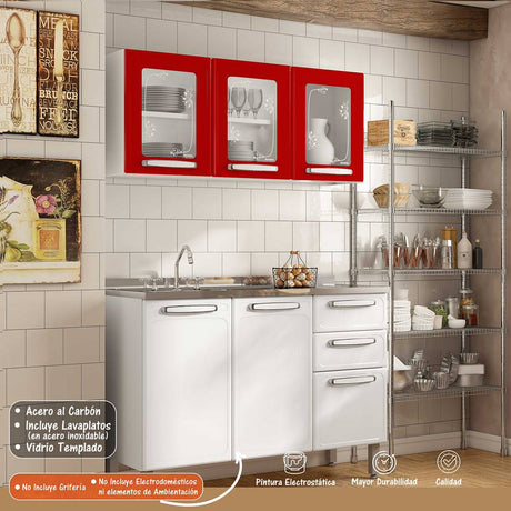 Cocina Evidence Rojo y Blanco 105x52,5cm con Meson de Acero Inoxidable y con Pozuelo para lado Izquierda - Cocinas | Bylmo