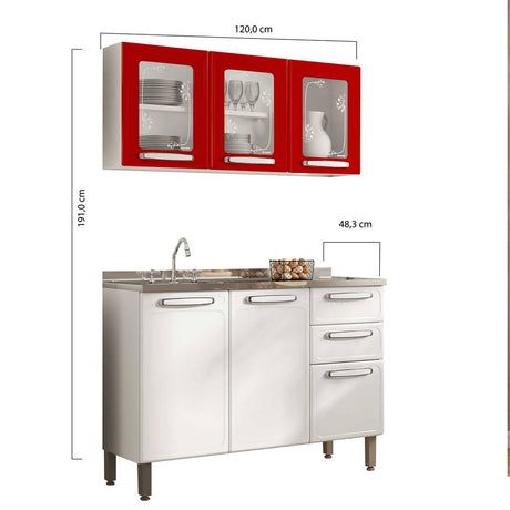 Cocina Evidence Rojo y Blanco 105x52,5cm con Meson de Acero Inoxidable y con Pozuelo para lado Izquierda - Cocinas | Bylmo