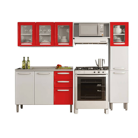 Cocina Integral Evidence Rojo y Blanco 220 cm con Mesón - Cocinas | Bylmo