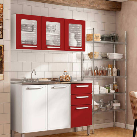 Cocina Integral Gourmet Blanco y Rojo 120 cm Izquierda con Mesón - Cocinas | Bylmo