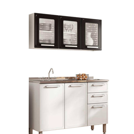 Cocina Integral Gourmet Blanco y Negro 120 cm con Mesón y con Lavaplatos Central - Cocinas | Bylmo